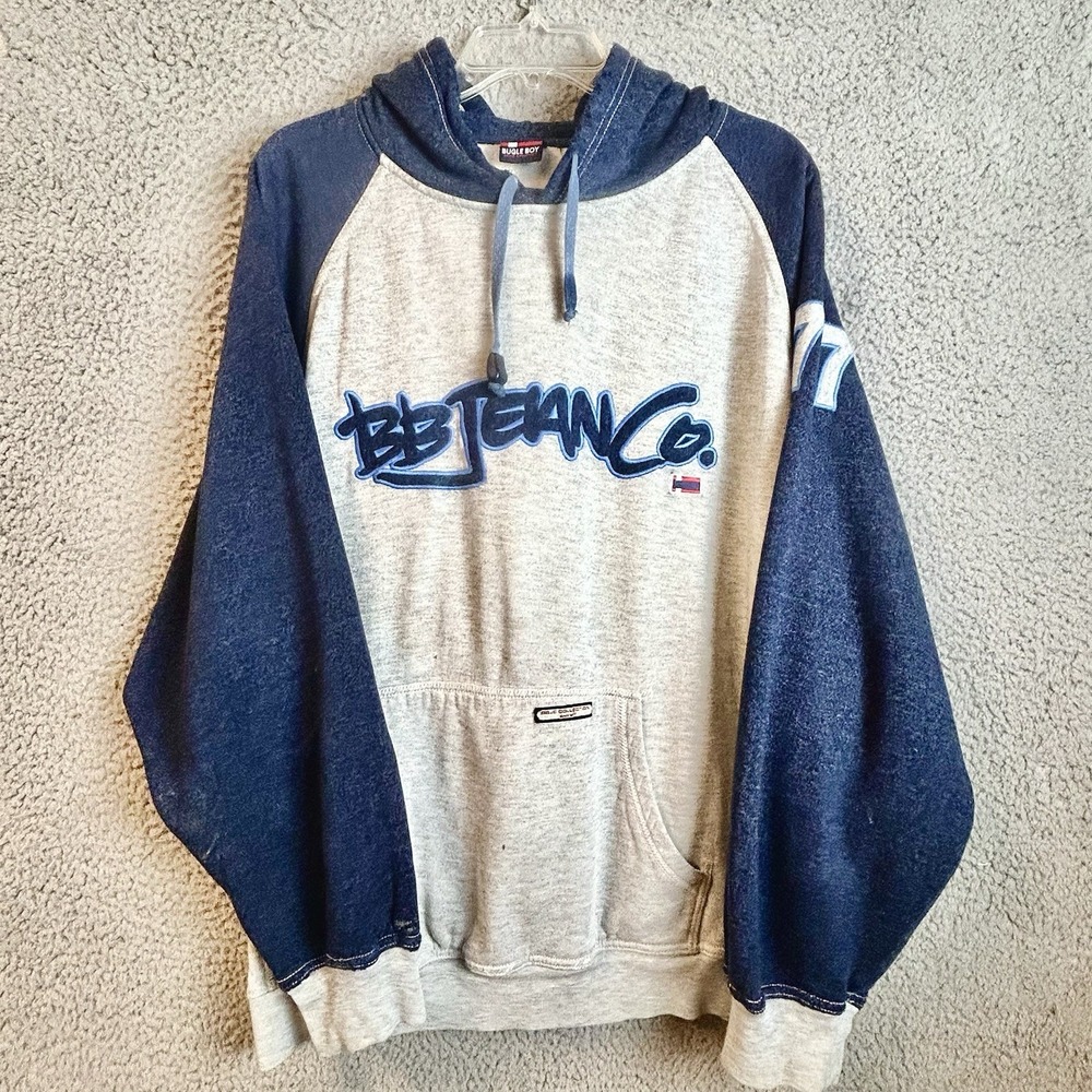Bugle Boy Denim And Clothing Embroidered Blue/Gray Hoodie Size XL Men's Hiphop